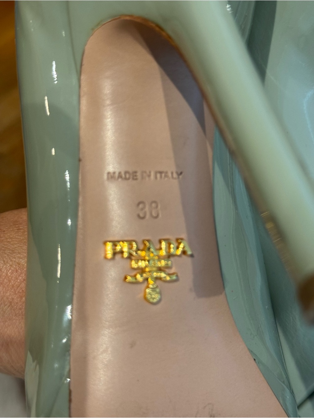 PRADA Women's Sage Green Patent Leather Peep-Toe Pumps - Picture 4 of 4